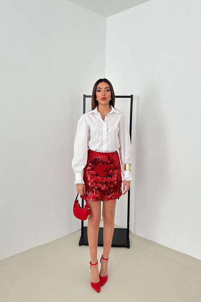 Elisa Red Bodycon Mini Skirt With Sequins Wholesale Clothing 1