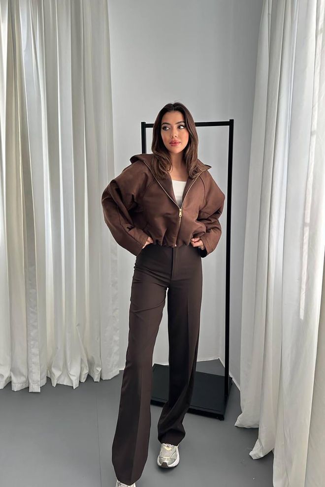 Elisa Brown Hooded Oversized Zip Up Jacket Wholesale Clothing Lounge