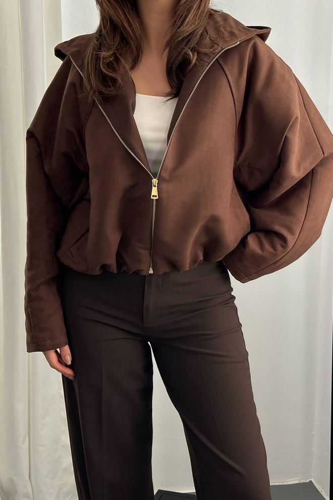 Elisa Brown Hooded Oversized Zip Up Jacket Wholesale Clothing Spring