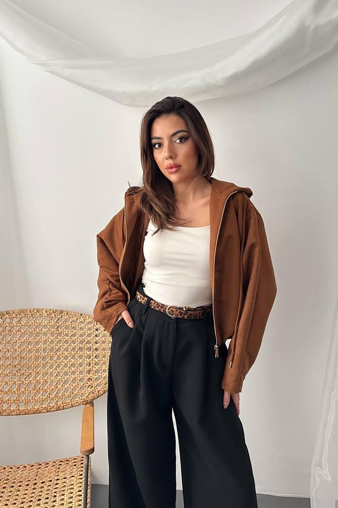 Elisa Brown Hooded Casual Streetwear Jacket Wholesale Clothing Casual