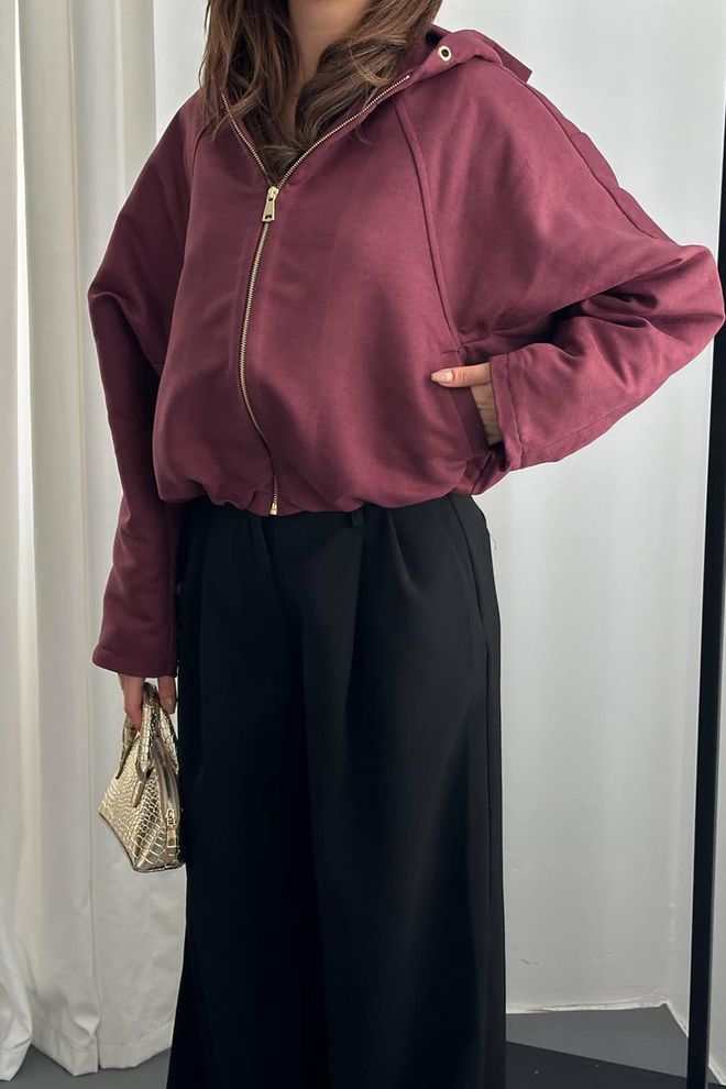 Elisa Claret Red Jacket Oversized Windbreaker With Hooded Collar Wholesale Clothing Spring