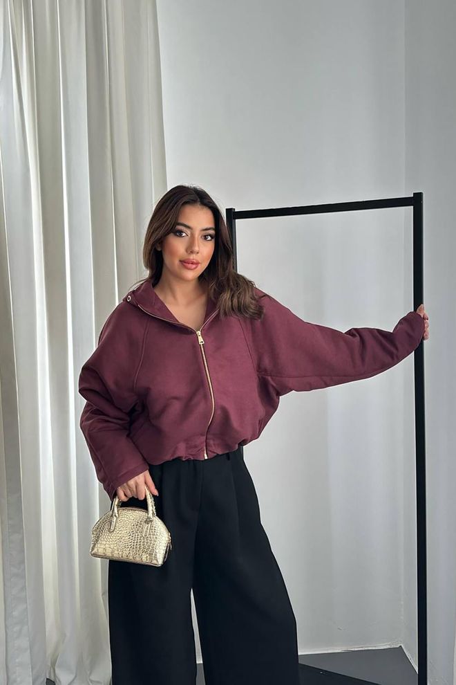 Elisa Claret Red Jacket Oversized Windbreaker With Hooded Collar Wholesale Clothing 1