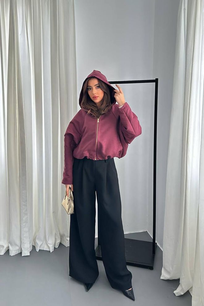 Elisa Claret Red Jacket Oversized Windbreaker With Hooded Collar Wholesale Clothing Lounge