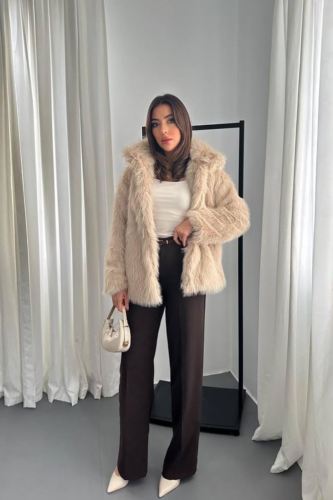 Elisa Beige Fur Jacket With Notched Collar Wholesale Clothing Work