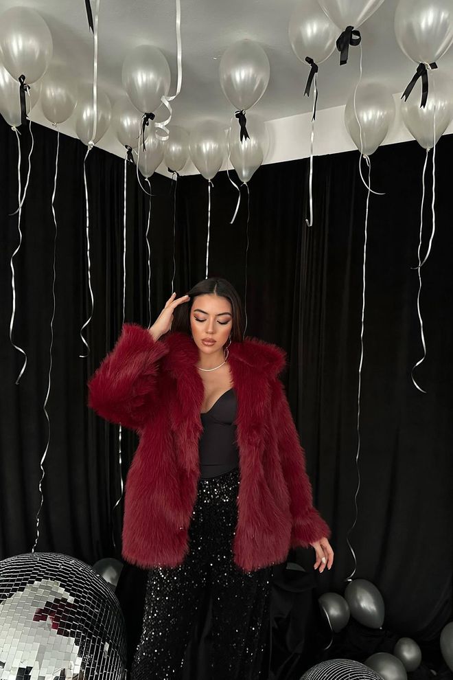 Elisa Claret Red Fur Jacket Wholesale Clothing Casual