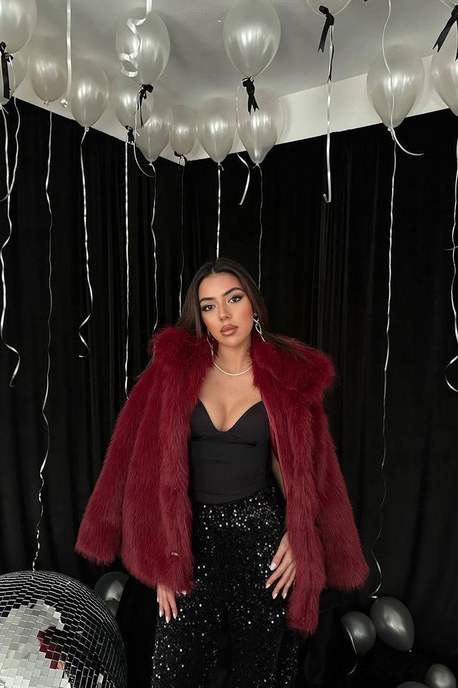 Elisa Claret Red Fur Jacket Wholesale Clothing Lounge