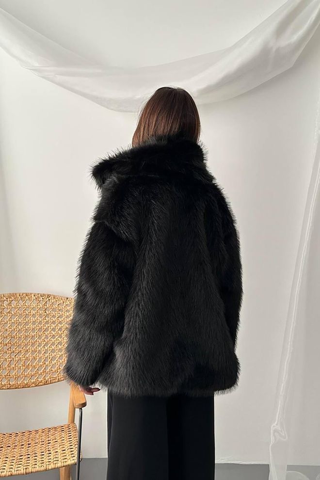 Elisa Black Fur Jacket With Hooded Collar Elegant & Glam Wholesale Clothing Vintage