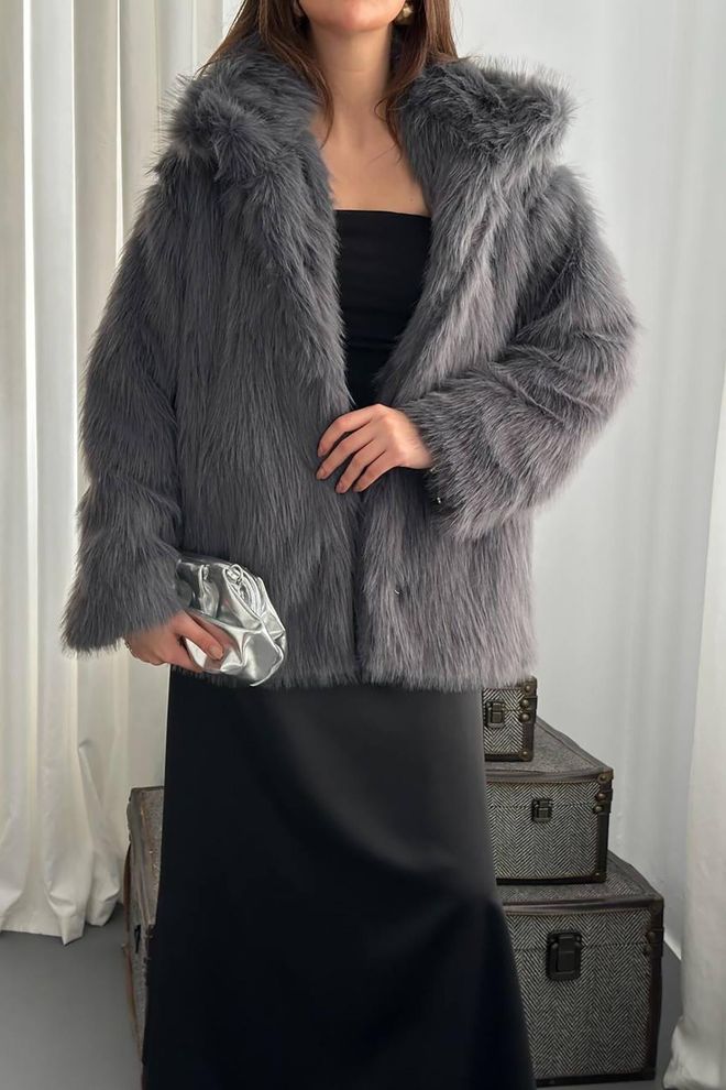 Elisa Grey Elegant Fur Jacket With Notched Collar Wholesale Clothing Sexy