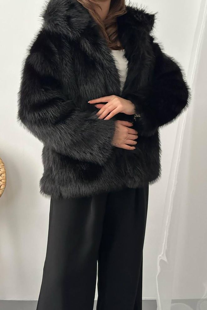 Elisa Black Fur Jacket With Hooded Collar Elegant & Glam Wholesale Clothing Fall