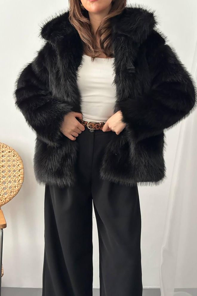 Elisa Black Fur Jacket With Hooded Collar Elegant & Glam Wholesale Clothing Lounge