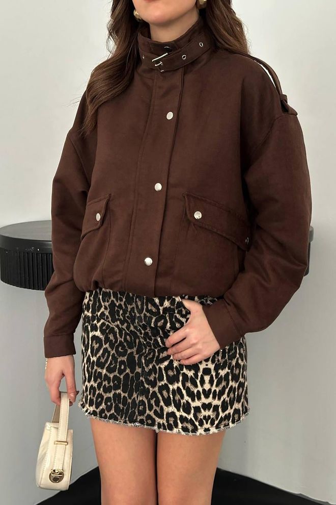 Elisa Brown Bomber Jacket With High Collar Wholesale Clothing Spring