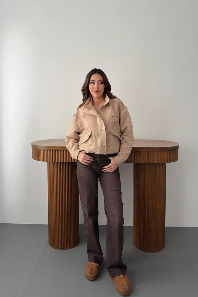 Elisa Beige Bomber Jacket With Oversized Fit Wholesale Clothing 1