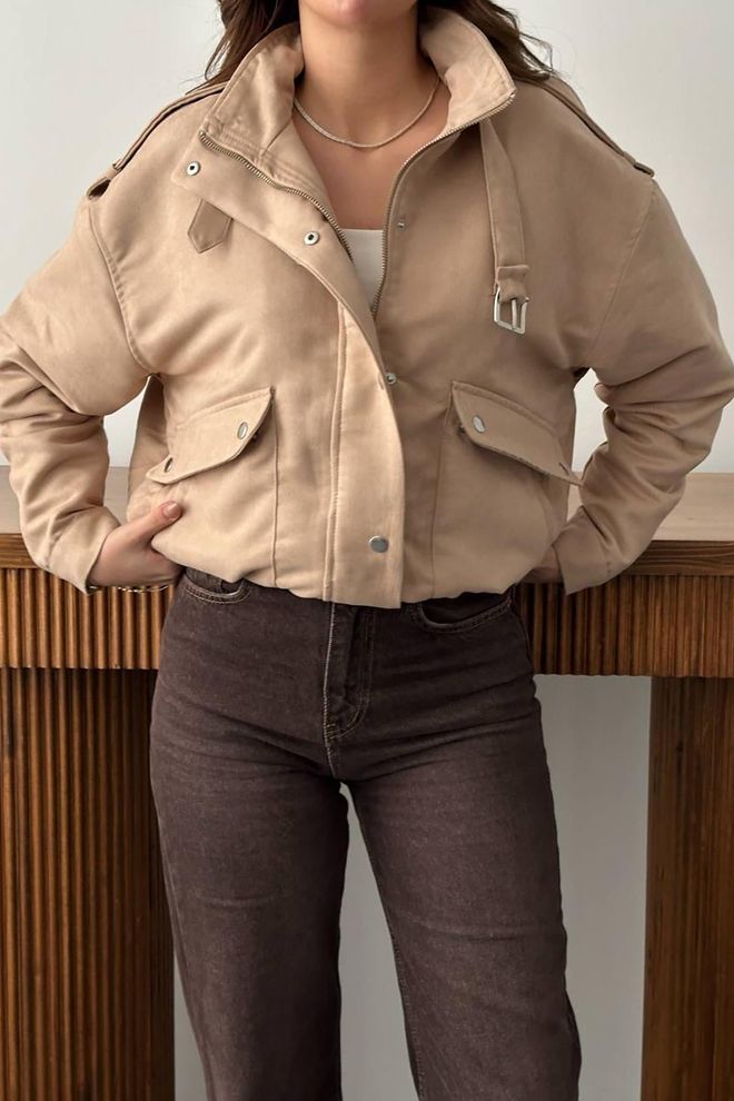 Elisa Beige Bomber Jacket With Oversized Fit Wholesale Clothing Spring