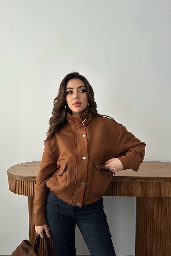 Elisa Brown Bomber Jacket With Band Collar Wholesale Clothing 1