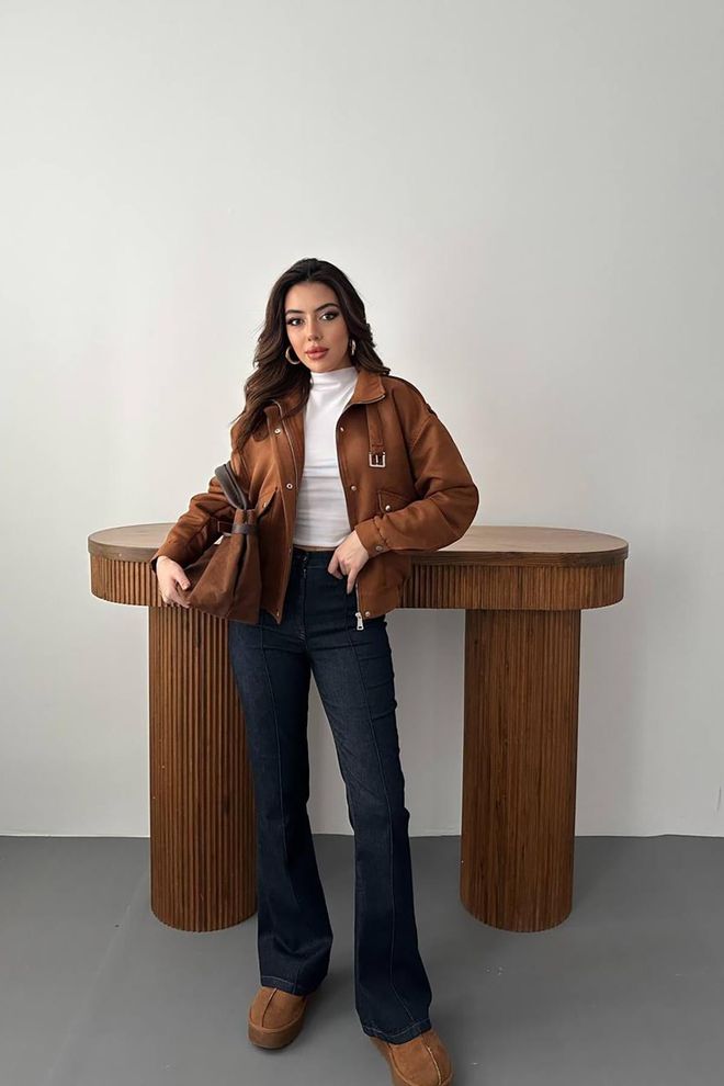 Elisa Brown Bomber Jacket With Band Collar Wholesale Clothing Sport