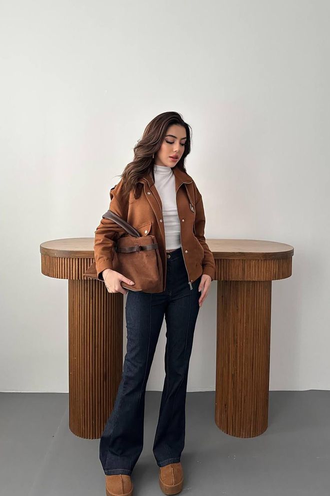 Elisa Brown Bomber Jacket With Band Collar Wholesale Clothing Fall