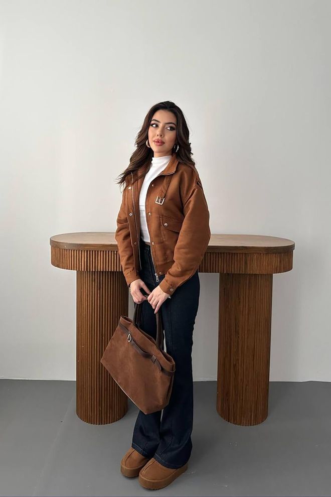 Elisa Brown Bomber Jacket With Band Collar Wholesale Clothing Lounge