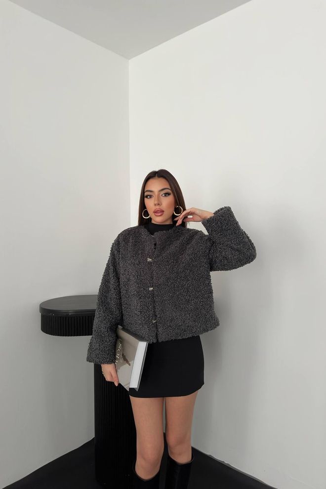 Elisa Grey Teddy Jacket Oversized Fit With Snap Closure Wholesale Clothing Casual