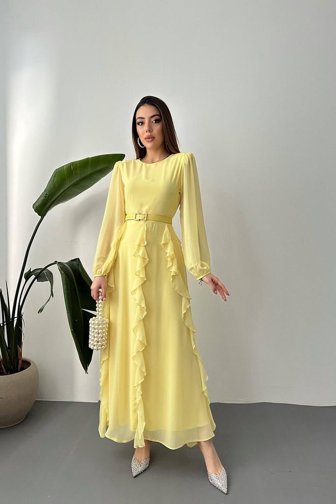 Elisa Elegantes Gelbes A Linien Kleid Mit Langen Ärmeln Großhandelskleidung Modest