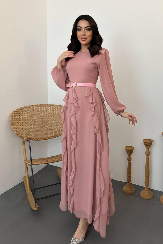 Elisa Robe Rose Élégante Cintrée Et Évasée À Manches Longues Vêtements en gros Modeste