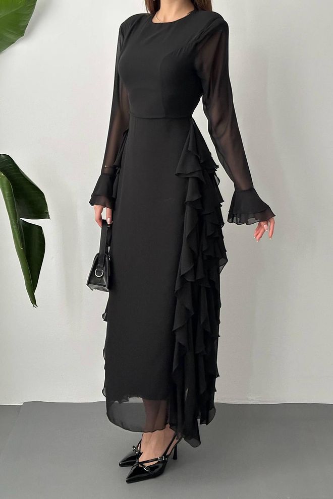 Elisa Elegant Black Sheath Dress With Ruffle Long Sleeves Wholesale Clothing Spring