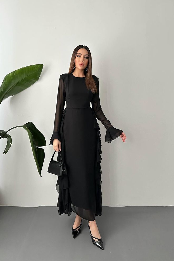 Elisa Elegant Black Sheath Dress With Ruffle Long Sleeves Wholesale Clothing Modest