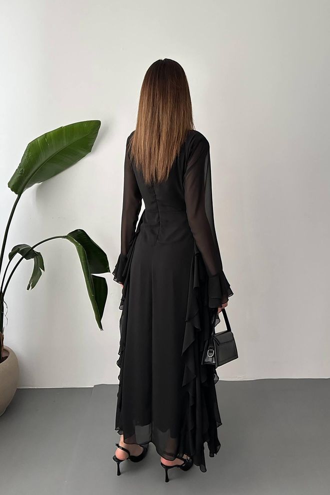 Elisa Elegant Black Sheath Dress With Ruffle Long Sleeves Wholesale Clothing Vintage