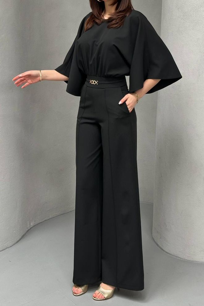 Elisa Black Elegant Tailored Jumpsuit With Cape Sleeves Wholesale Clothing Streetwear