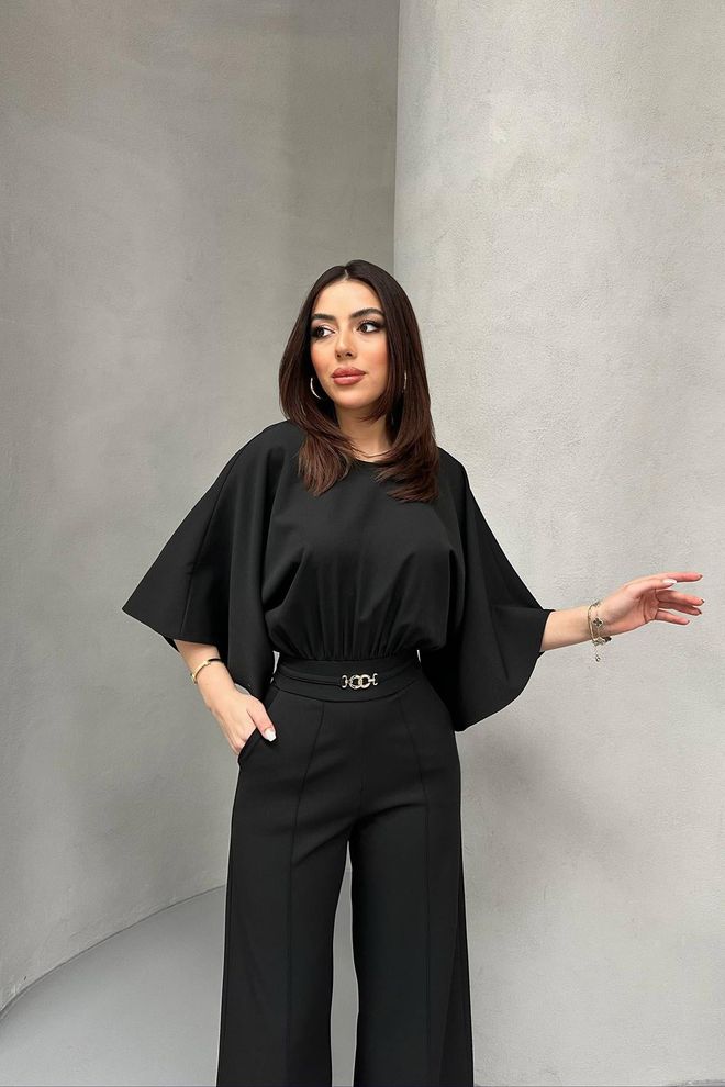 Elisa Black Elegant Tailored Jumpsuit With Cape Sleeves Wholesale Clothing Work