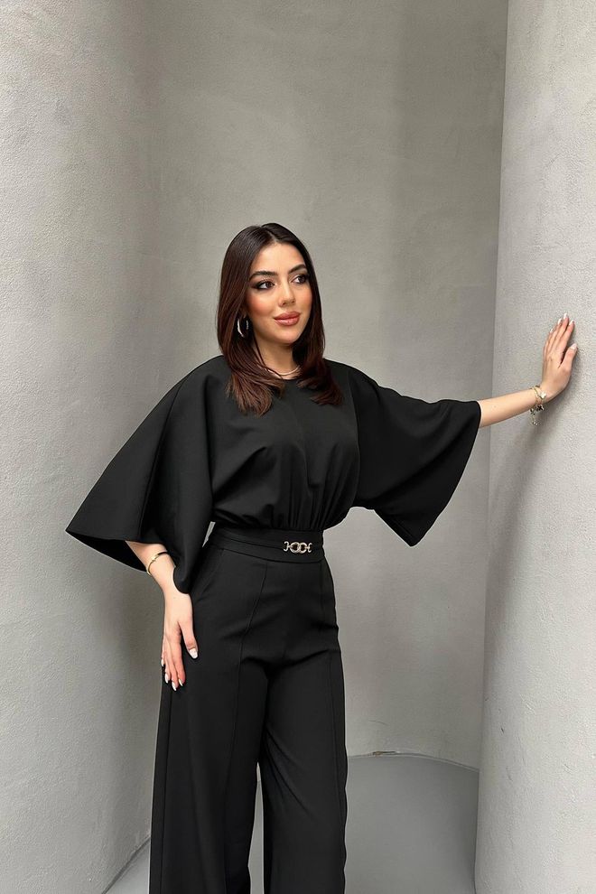 Elisa Black Elegant Tailored Jumpsuit With Cape Sleeves Wholesale Clothing Spring