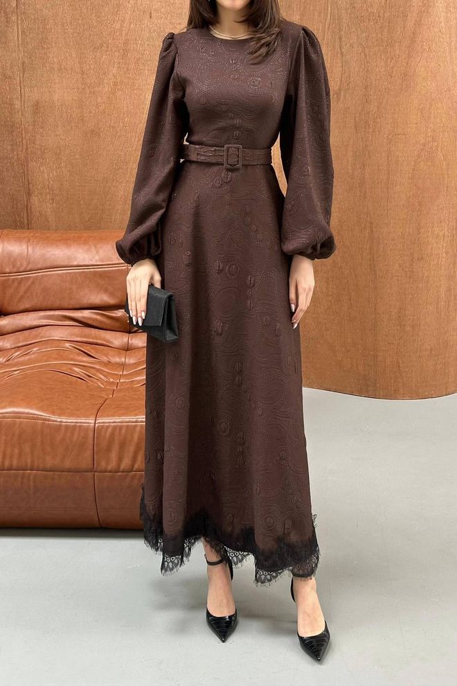 Elisa Elegant Brown A Line Dress With Ballon Sleeves Wholesale Clothing Work