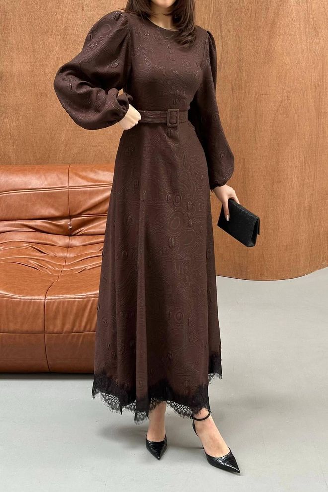 Elisa Elegant Brown A Line Dress With Ballon Sleeves Wholesale Clothing Fall
