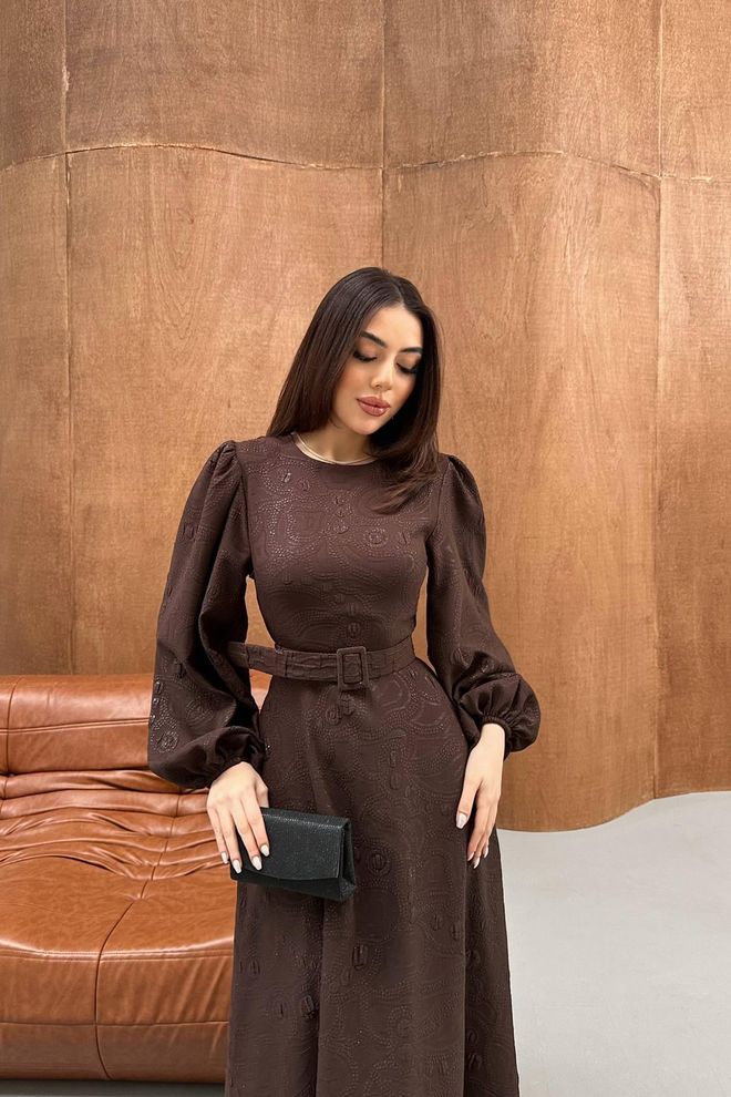 Elisa Elegant Brown A Line Dress With Ballon Sleeves Wholesale Clothing 1