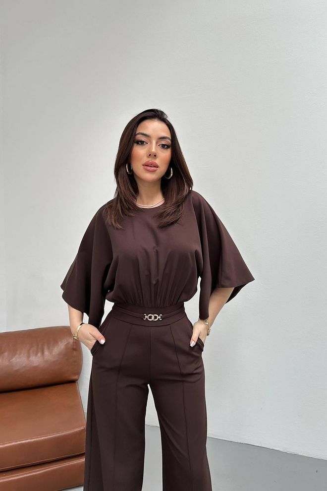 Elisa Brown Elegant Tailored Jumpsuit Wholesale Clothing Work