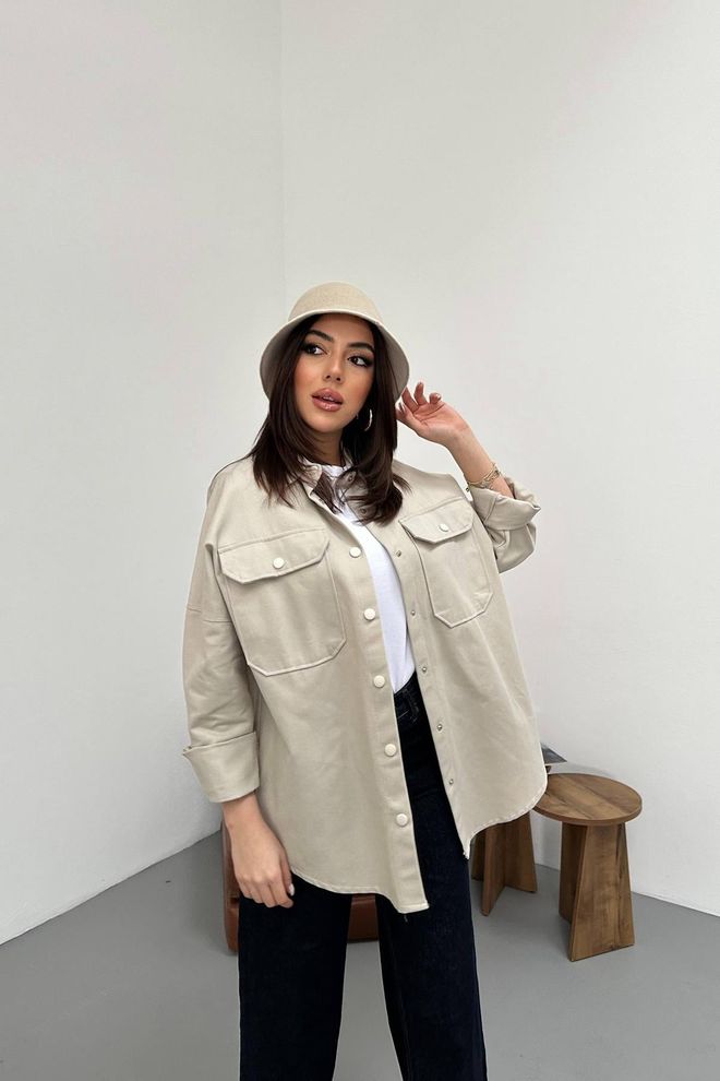 Elisa Casual Beige Shirt With Polo Neck And 3/4 Sleeves Wholesale Clothing 1