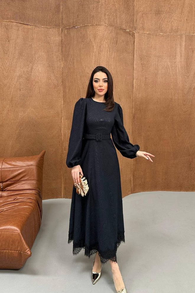 Elisa Elegant Black A Line Maxi Dress With Ballon Sleeves Wholesale Clothing 1