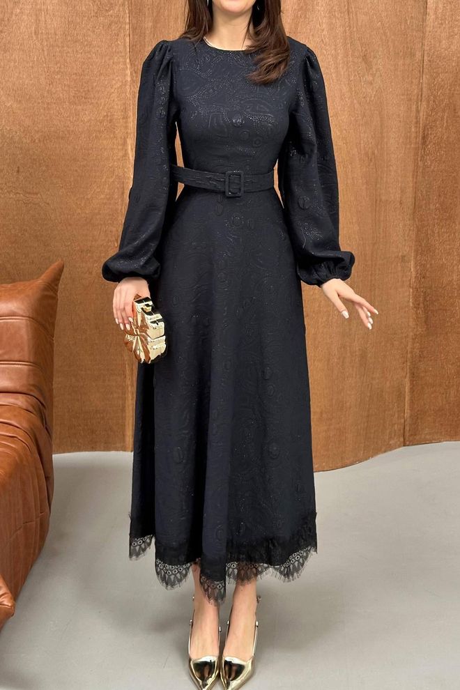 Elisa Elegant Black A Line Maxi Dress With Ballon Sleeves Wholesale Clothing Spring