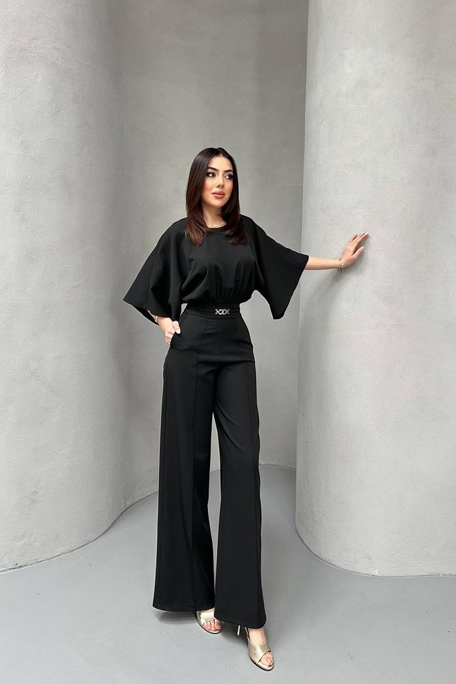 Elisa Black Elegant Tailored Jumpsuit With Cape Sleeves Wholesale Clothing 1