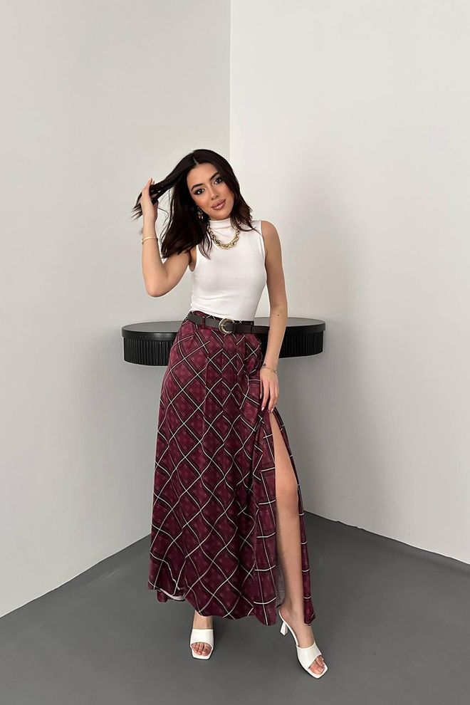 Elisa Claret Red Flared Maxi Skirt High Waist Pull On Wholesale Clothing Casual