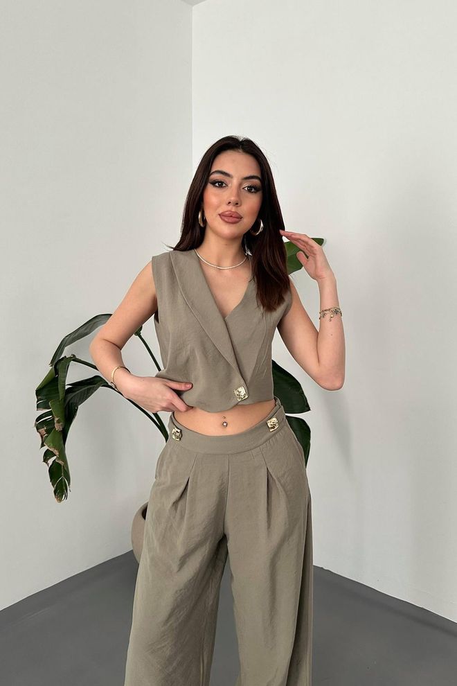 Elisa Khaki Sleeveless V Neck Jumper Dress Floor Length Wholesale Clothing Work