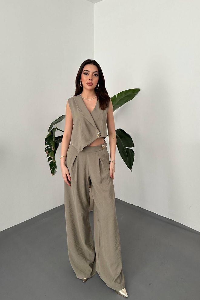 Elisa Khaki Sleeveless V Neck Jumper Dress Floor Length Wholesale Clothing Formal