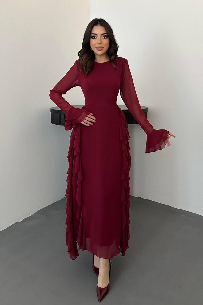 Elisa Claret Red Elegant A Line Dress Wholesale Clothing Modest