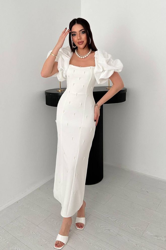 Elisa White Elegant Midi Puff Sleeve Sheath Dress Wholesale Clothing Formal