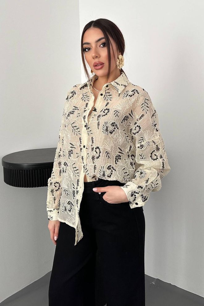 Elisa Elegant Beige Floral Blouse With Long Sleeves Wholesale Clothing 1