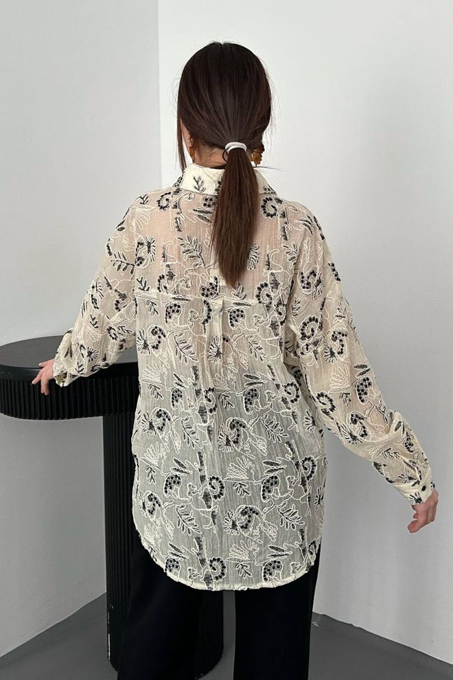Elisa Elegant Beige Floral Blouse With Long Sleeves Wholesale Clothing Boho