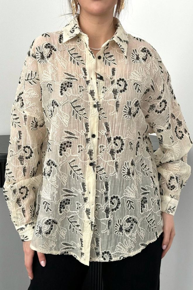 Elisa Elegant Beige Floral Blouse With Long Sleeves Wholesale Clothing Spring