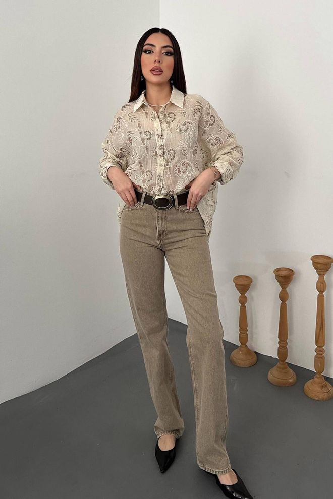 Elisa Beige Oversized Fit Floral Shirt With Notched Neck Wholesale Clothing Lounge