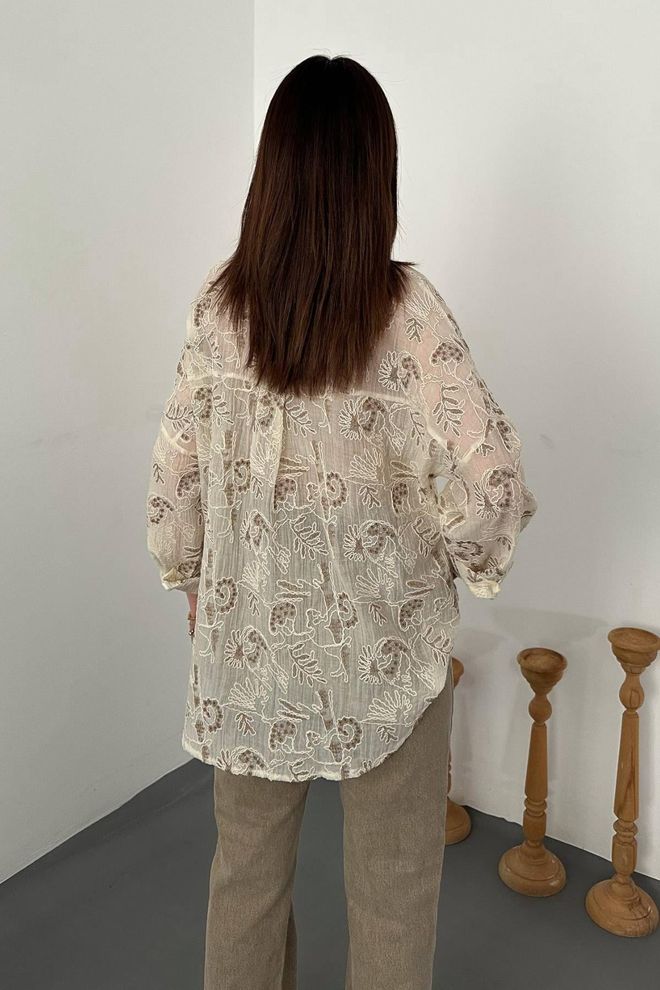 Elisa Beige Oversized Fit Floral Shirt With Notched Neck Wholesale Clothing Boho