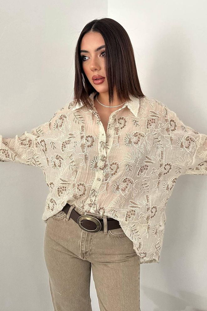 Elisa Beige Oversized Fit Floral Shirt With Notched Neck Wholesale Clothing 1