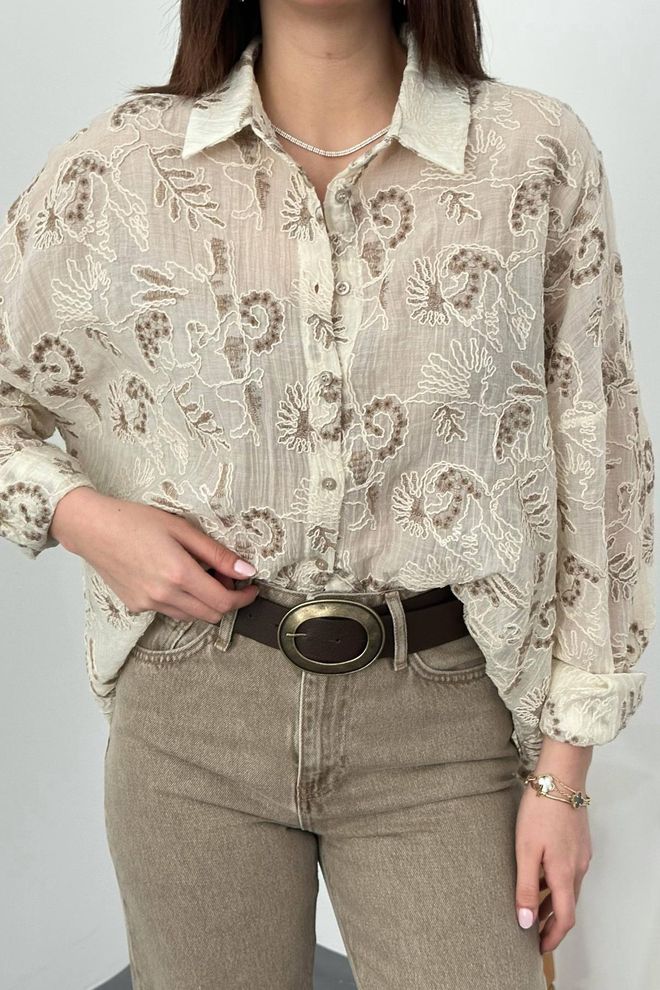 Elisa Beige Oversized Fit Floral Shirt With Notched Neck Wholesale Clothing Spring